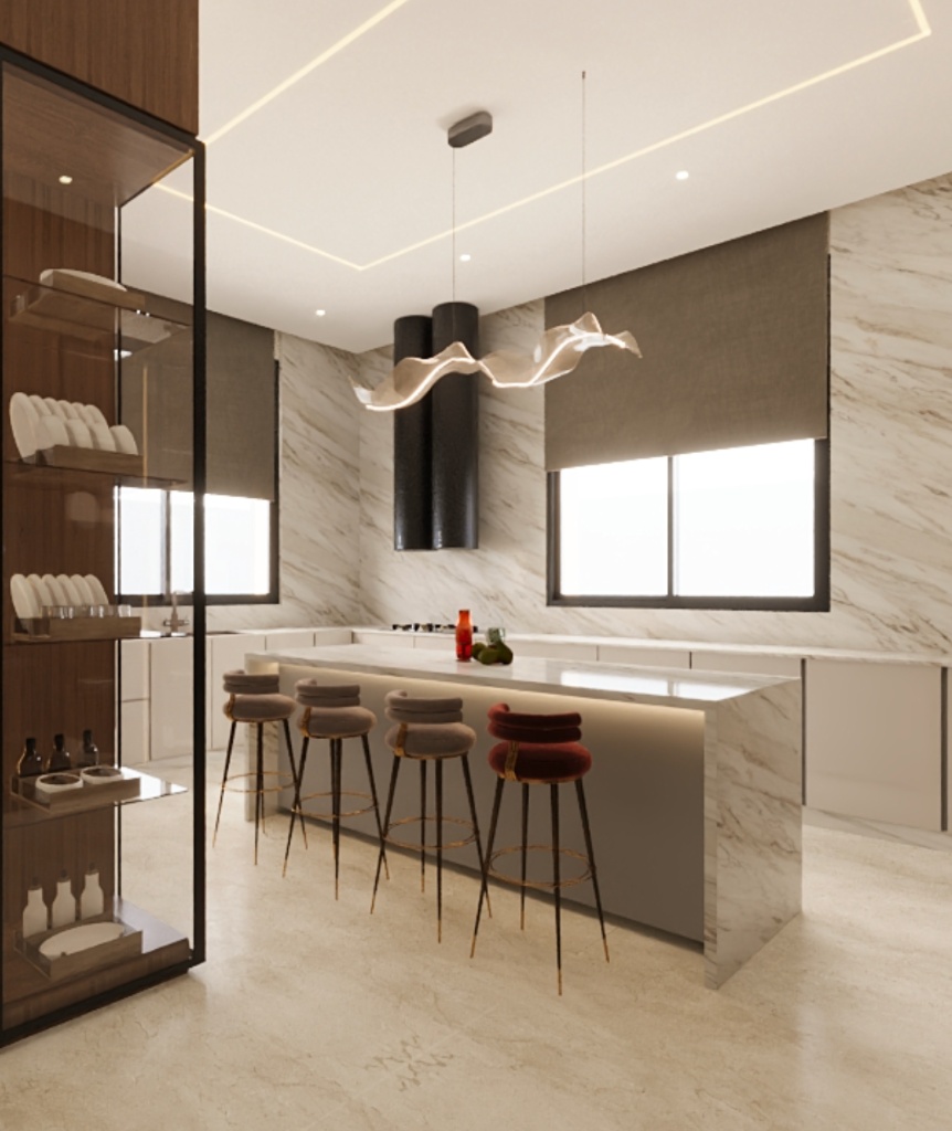 Cuisine en marbre avec îlot central, suspension noire sculpturale, tabourets et corniche lumineuse continue