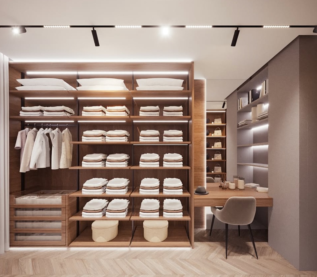 Dressing-boutique avec étagères en chêne rétroéclairées, parquet à chevrons et vitrines design