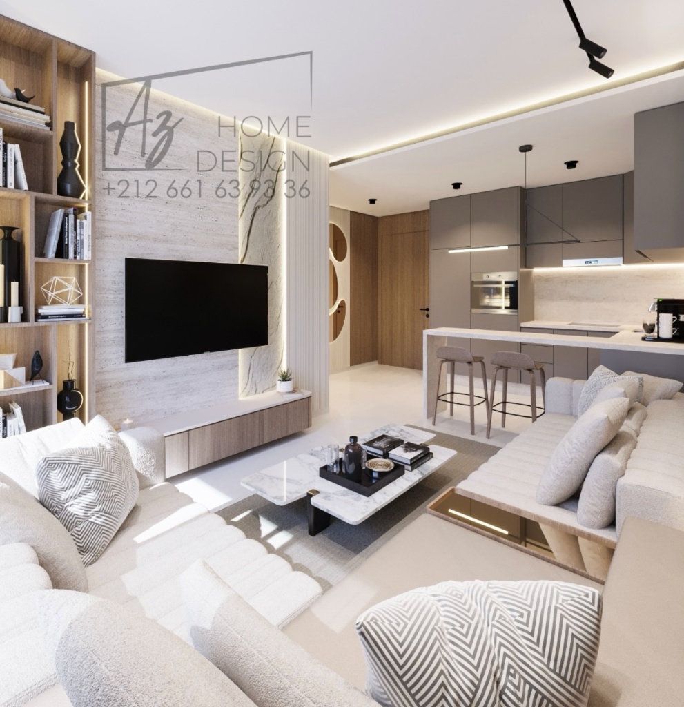 Séjour ouvert avec canapés bouclé blanc et mur TV en travertin rétroéclairé, signature LB Design
