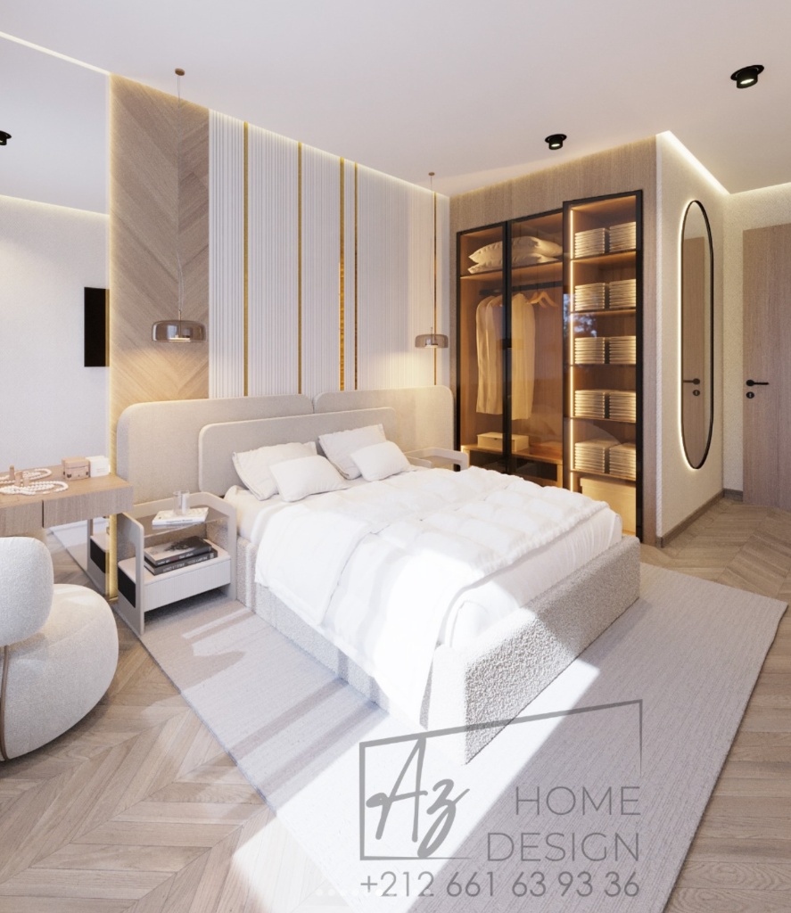 Chambre avec tête de lit cannelée en bois aux filets dorés, dressing vitré rétroéclairé et parquet